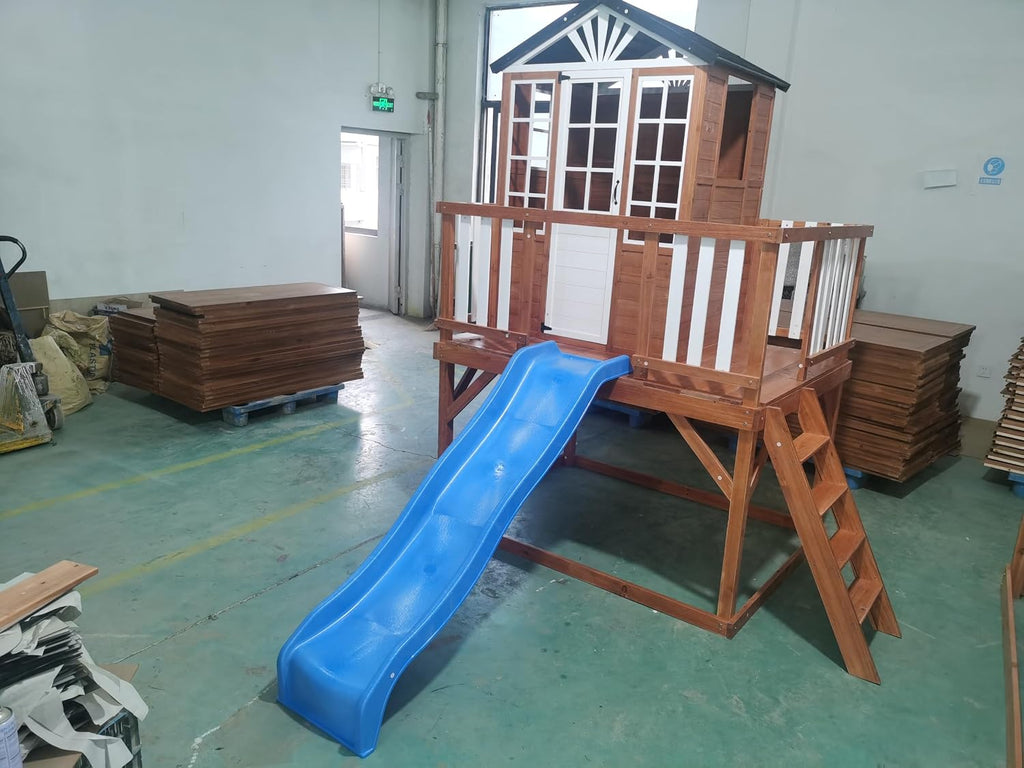 Kids Playhouse with Slide, Climbing Wall, Door & Windows, Outdoor | Outdoor wooden kids playhouse with slide climbing