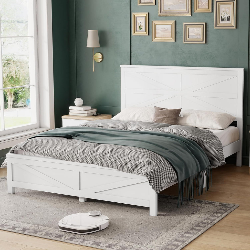 Farmhouse Queen Platform Bed Frame with Headboard and Footboard, Pinewood Bed Platform with Slat Support, No Box