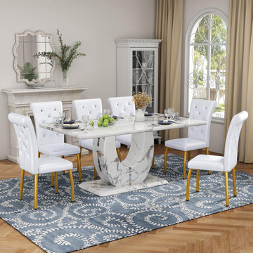 63-Inch Faux Marble Dining Table Set for 6, White Chairs, Gold Legs