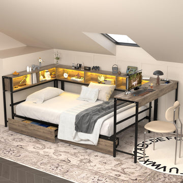 Twin Corner Bed Frame with Storage Drawers and Bookcase Headboard, Twin Size Metal Platform Corner Bed Frame