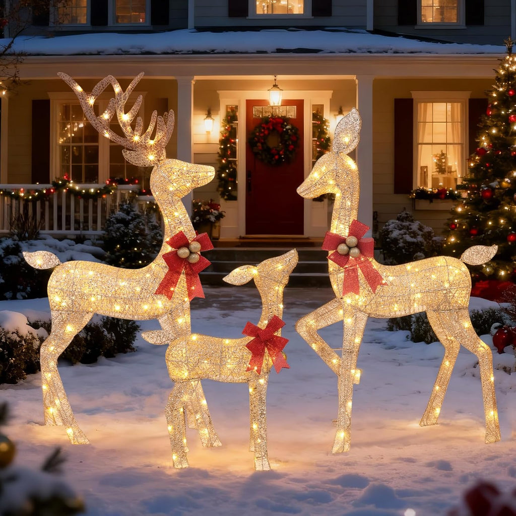 3-Piece Lighted Christmas Deer Family - 4.5ft 3D Pre-Lit Reindeer Outdoor Decorations with 210 LED Lights