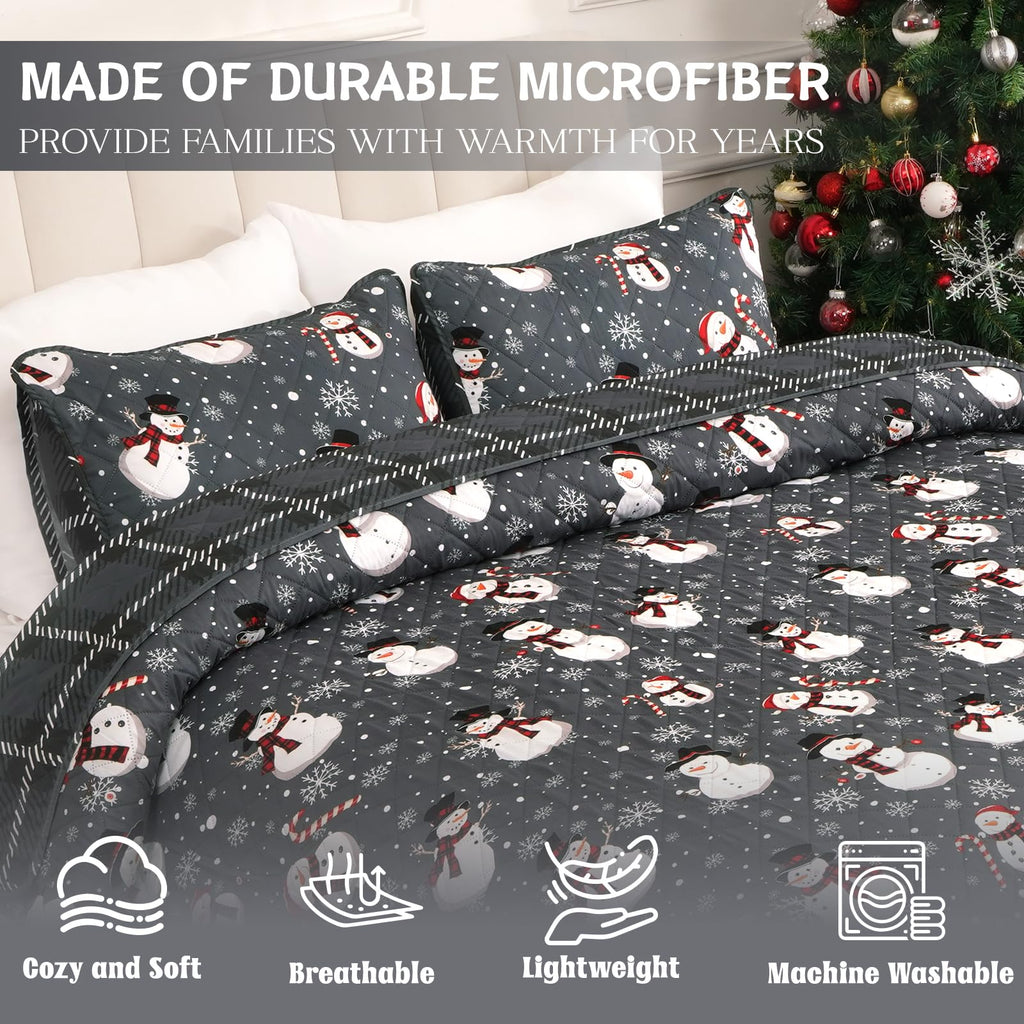 Christmas Quilt Set Queen Size 3 Piece Snowman Snowflake Bedding Set Reversible Winter Snow Grey Plaid Holiday Quilt