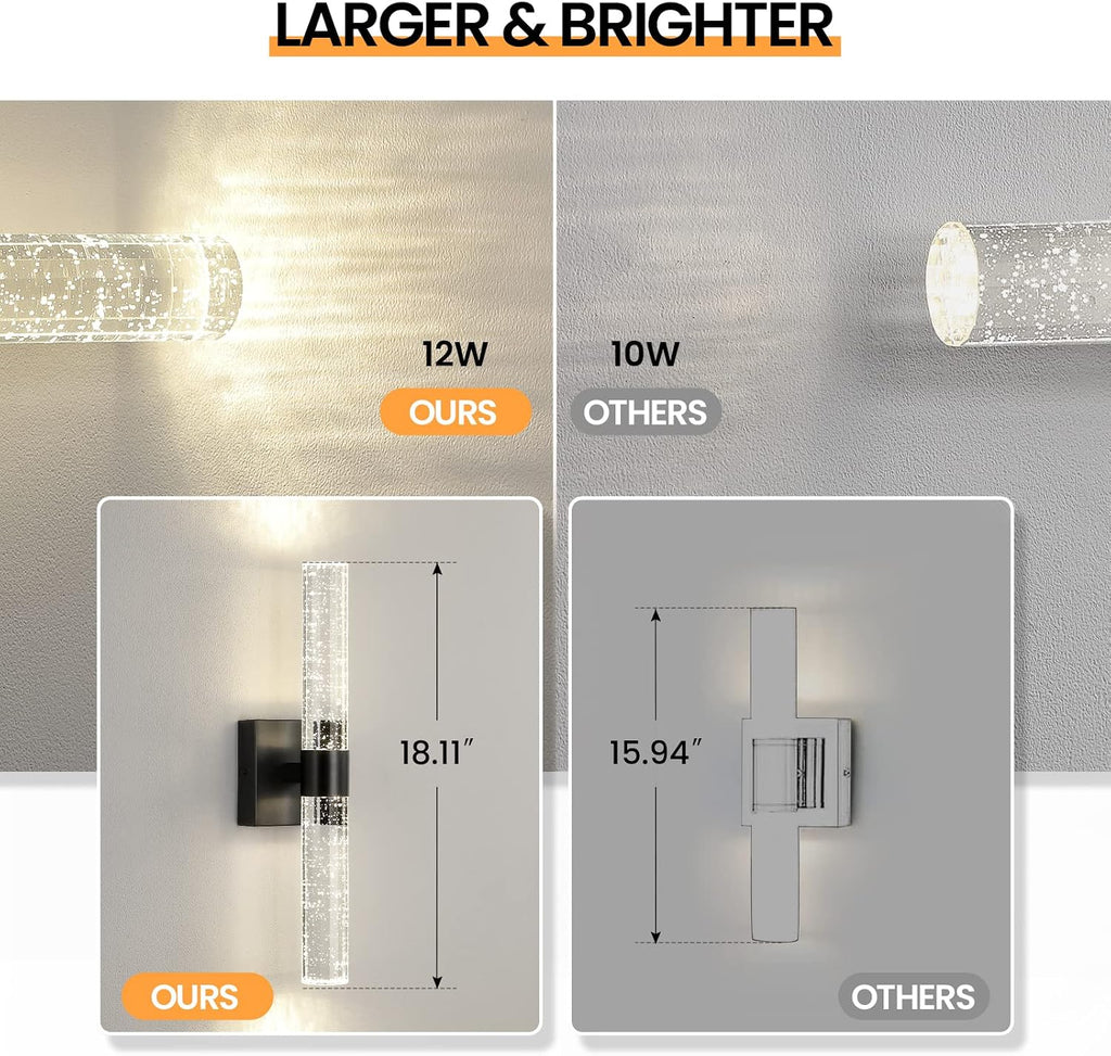 Black Modern LED Wall Sconce - 18 Inch Wall Sconces Set of Two 4000K Dimmable Crystal Sconce Wall Lighting Indoor