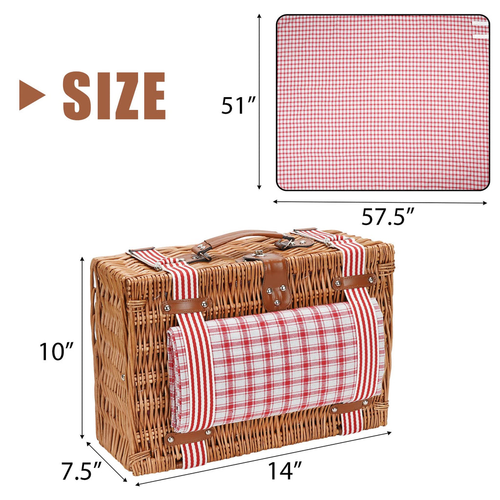 Willow Picnic Basket Set for 2 Persons with Blanket, Red Check