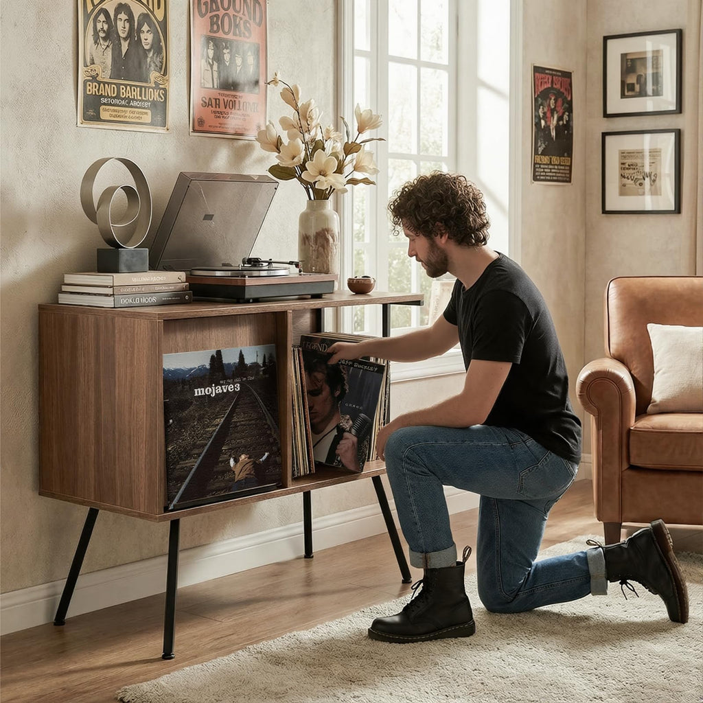 Record Player Stand with Flip-Down Record Shelf, Walnut