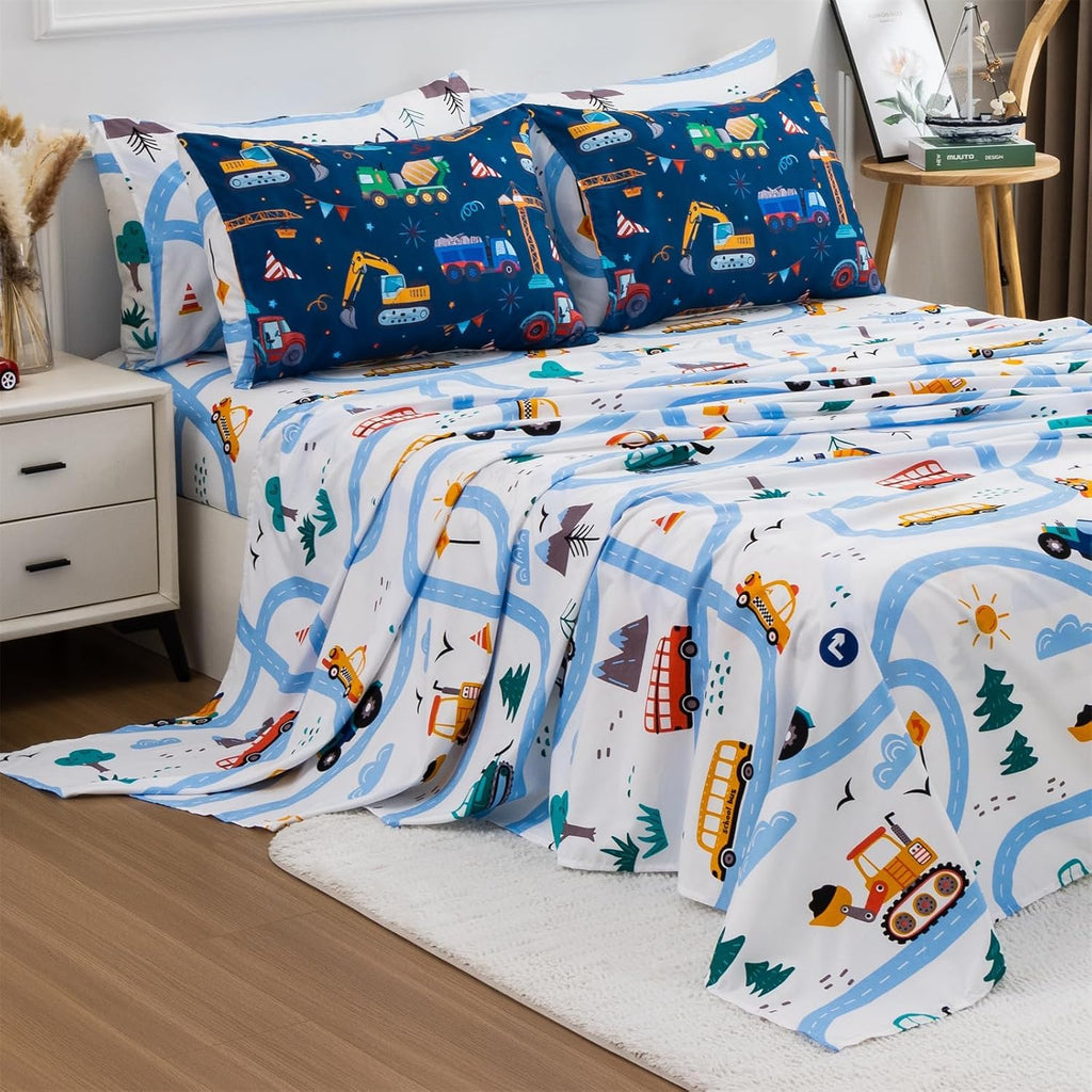 Cars Boy Bedding Comforter Set with Sheets, Twin Cartoon Construction Car Excavator Print Kids Bed in