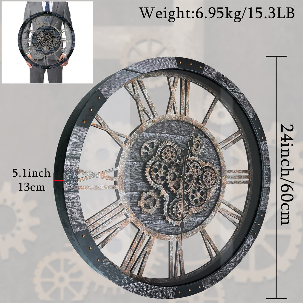 24 Inch Industrial Steampunk Wall Clock, Oversized Solid Wood Frame, Battery Operated, Large Wall Clock with Real