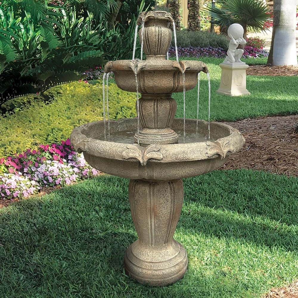 48” H Outdoor Floor Water Fountain, 3-Tiers Concrete Water Fountain with Submersible Electric Pump