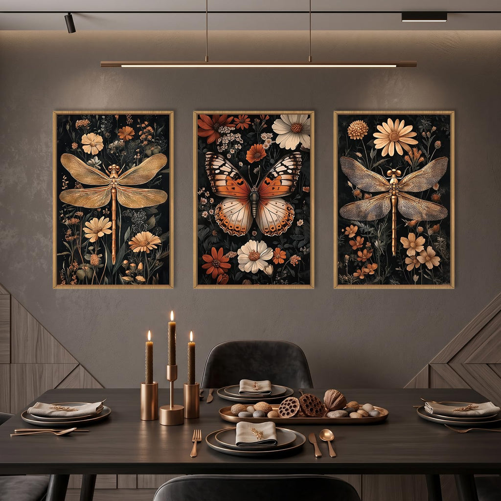 Vintage Butterfly Dragonfly Framed Canvas Wall Art Set, Moody Dark Academia Animal Floral Botanical Wall Decor, Retro