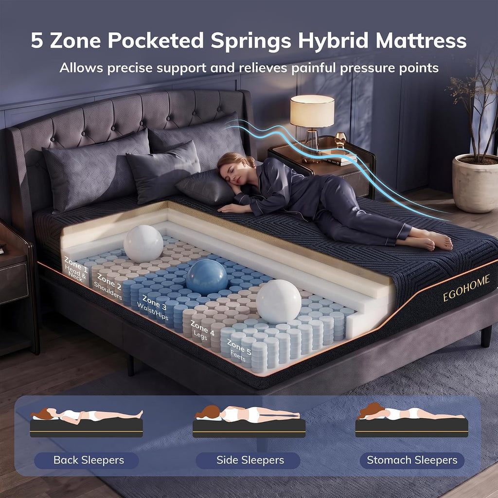 California King Size 12 Inch Hybrid Mattress in a Box, 5 Zone Pocket Spring Memory Foam, Firm Support, Pressure