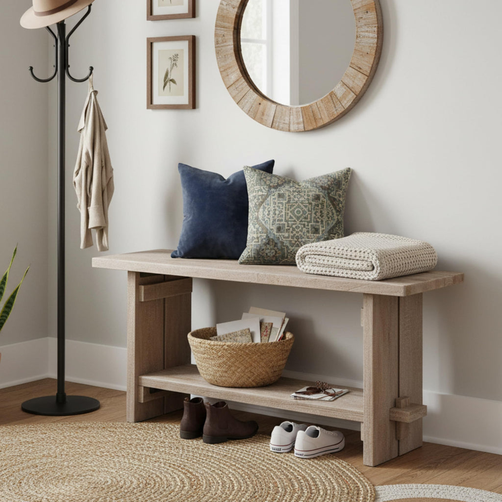 Bethel Rustic Solid Wood Entryway Bench with Shelf, Driftwood