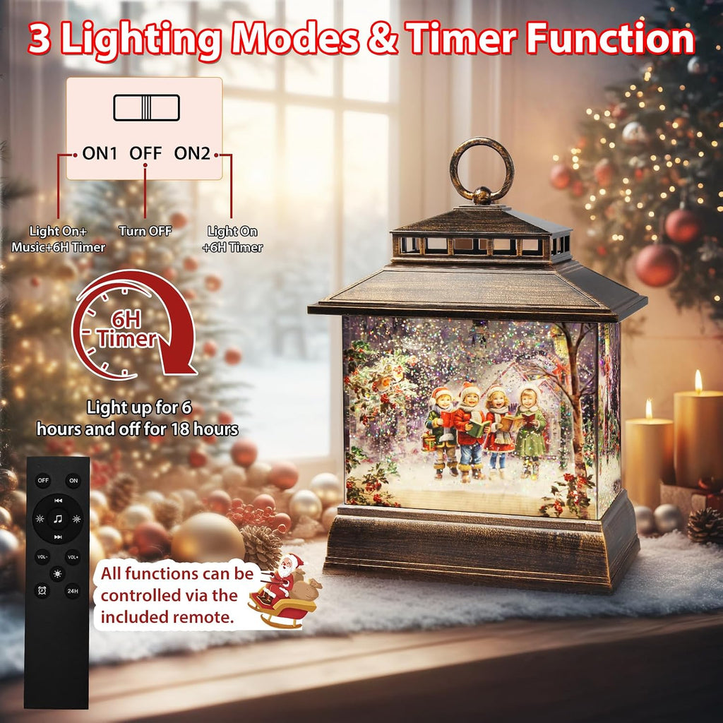 Christmas Snow Globe Lantern Water Glittering Lantern with 8 Songs & 6H Timer Romote Control Christmas Snow Globes
