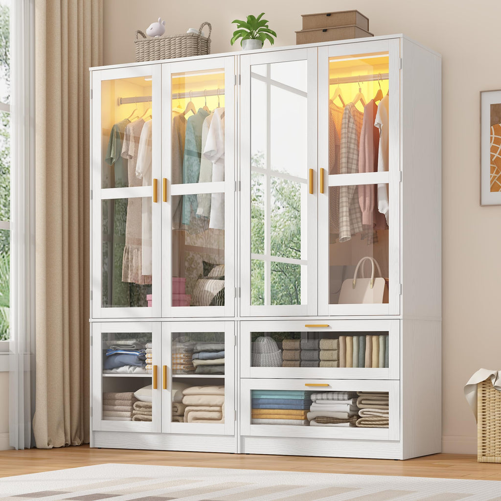 4 Doors Armoire Wardrobe Closet with LED and Mirror, 71" H Freestanding Wooden Wardrobe Closet Cabinet w 2