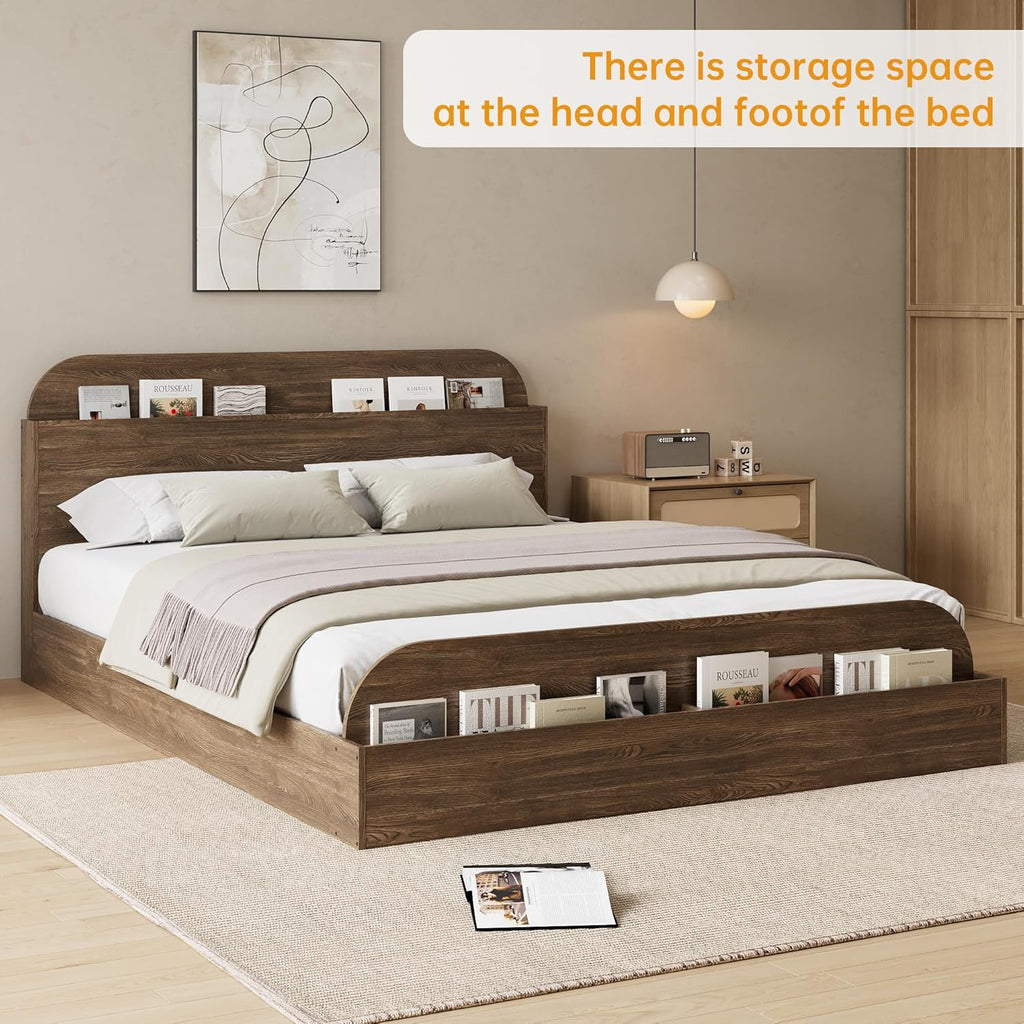 Queen Size Bed Frame, Floor Low Platform Bed, Walnut