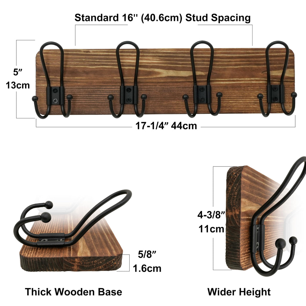 Coat Rack Wall Mount, Solid Wood Wall Mounted Coat Rack with Hooks, 24 Inch Wooden Coat Hooks for Wall, Rustic