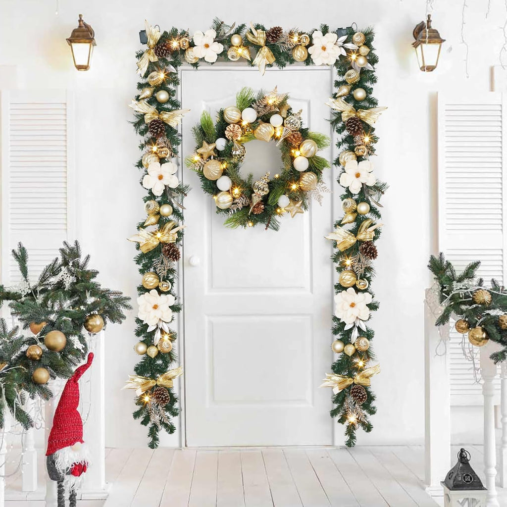 24-Inch Pre-Lit Christmas Wreath with 20 Battery-Operated LED Lights - Artificial Magnolia, Poinsettia & Gold White