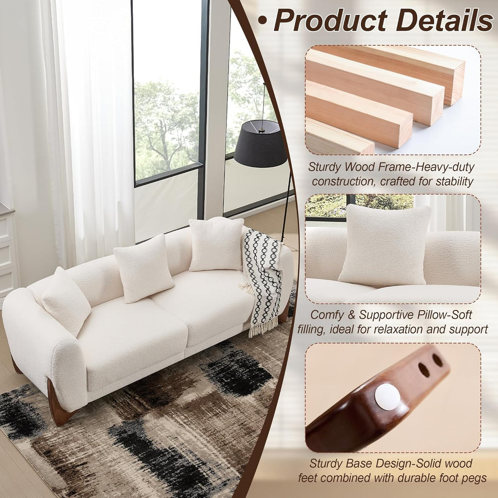 87" Sherpa Boucle 3 Seater Sofa Modern Cloud Couch with Solid Wood Legs, 25in Extra Deep Seat, Comfy Thick Cushion