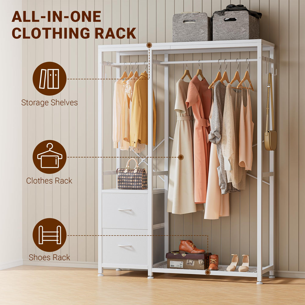 Clothes Rack with 2 Rods, Shelves, Drawers & Hooks, Garment Rack