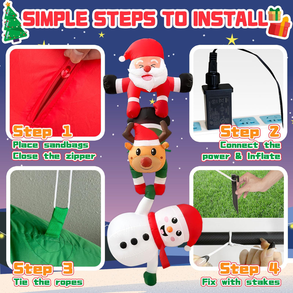 8FT Christmas Inflatables Outdoor, Hanging Santa with Reindeer Roof Decor