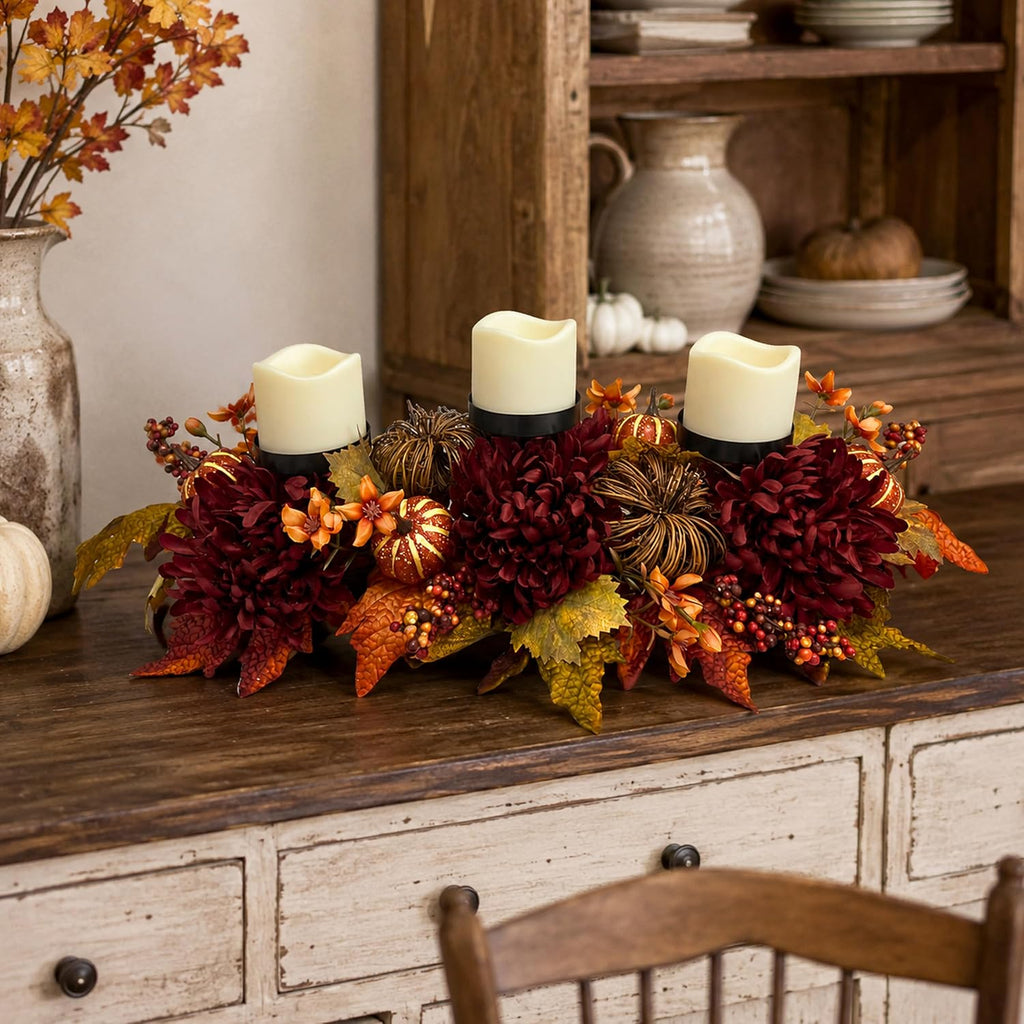 25" Fall Candle Holder Centerpiece with Pumpkins for Thanksgiving