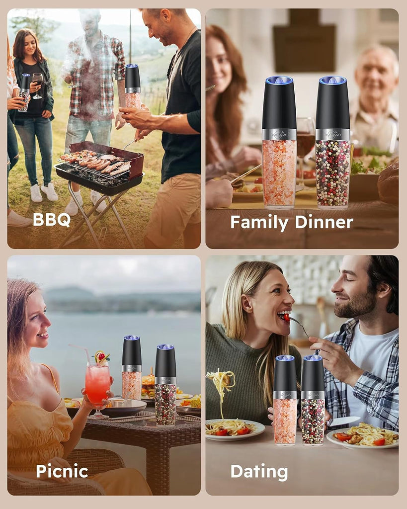 Gravity Electric Salt and Pepper Grinder Set Shakers UPGRADED 9OZ XL CAPACITY Battery Powered Refillable Automatic - Set of 2