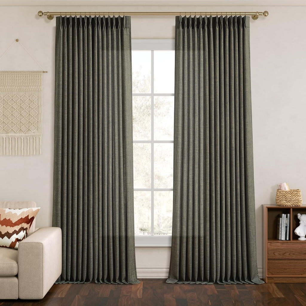 Pinch Pleated Linen Curtains 96 Inches Extra Long Olive Green Drapes, Thick Linen Light Filtering Memory Trained