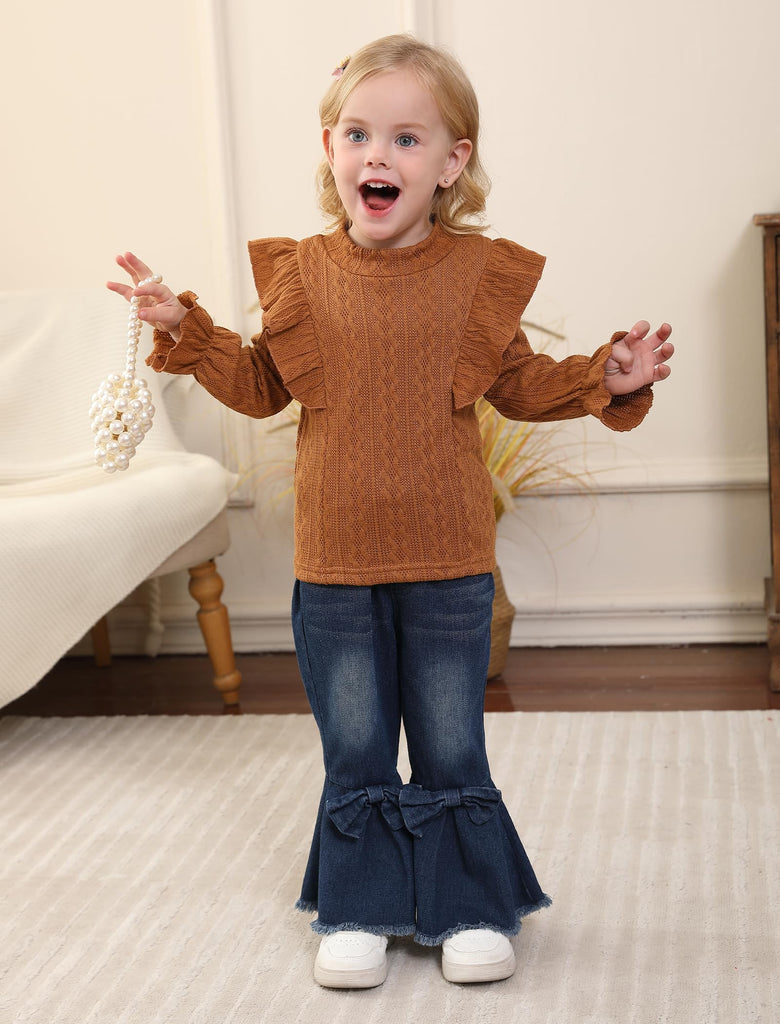 Toddler Girl Clothes Long Sleeve Ruffle Top Flare Jeans Pants Set