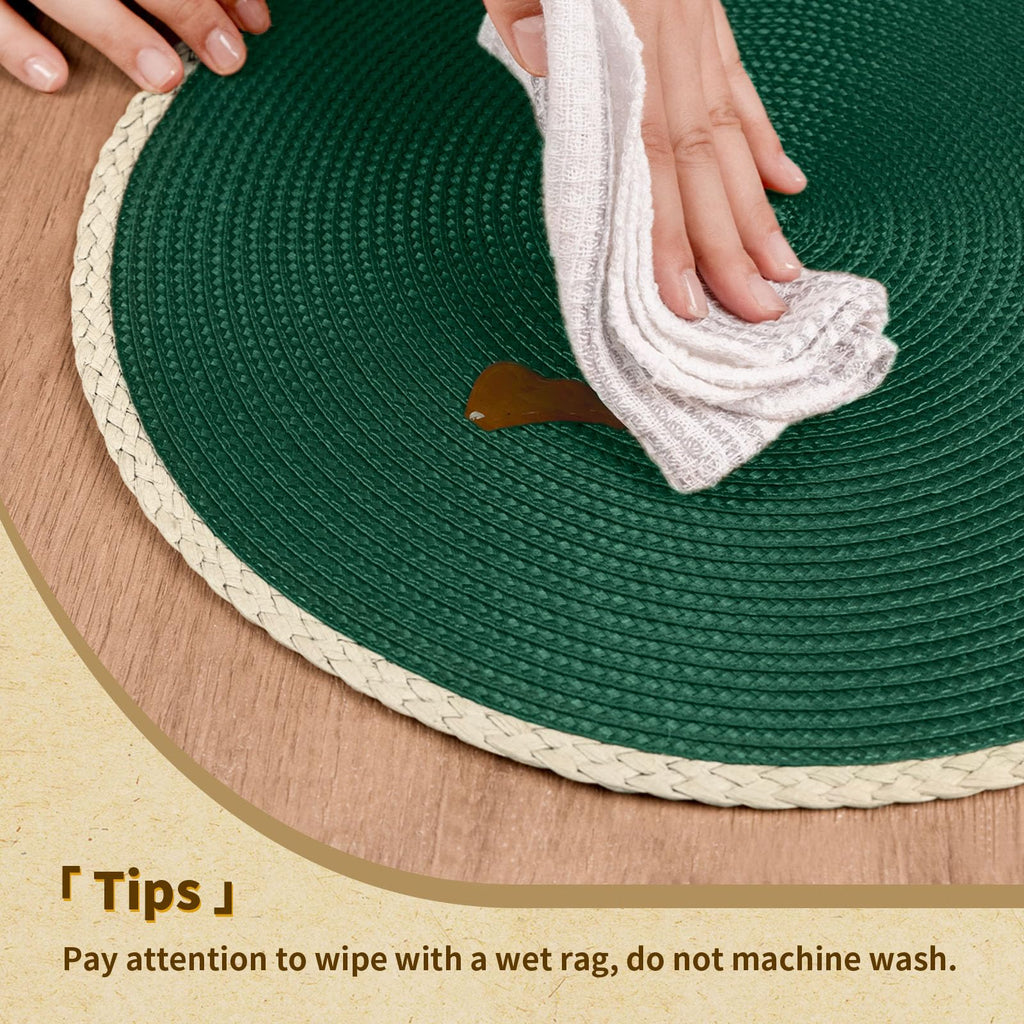 Round Placemats Set of 6, Woven Table Mats, Thin Edge, Pine Green