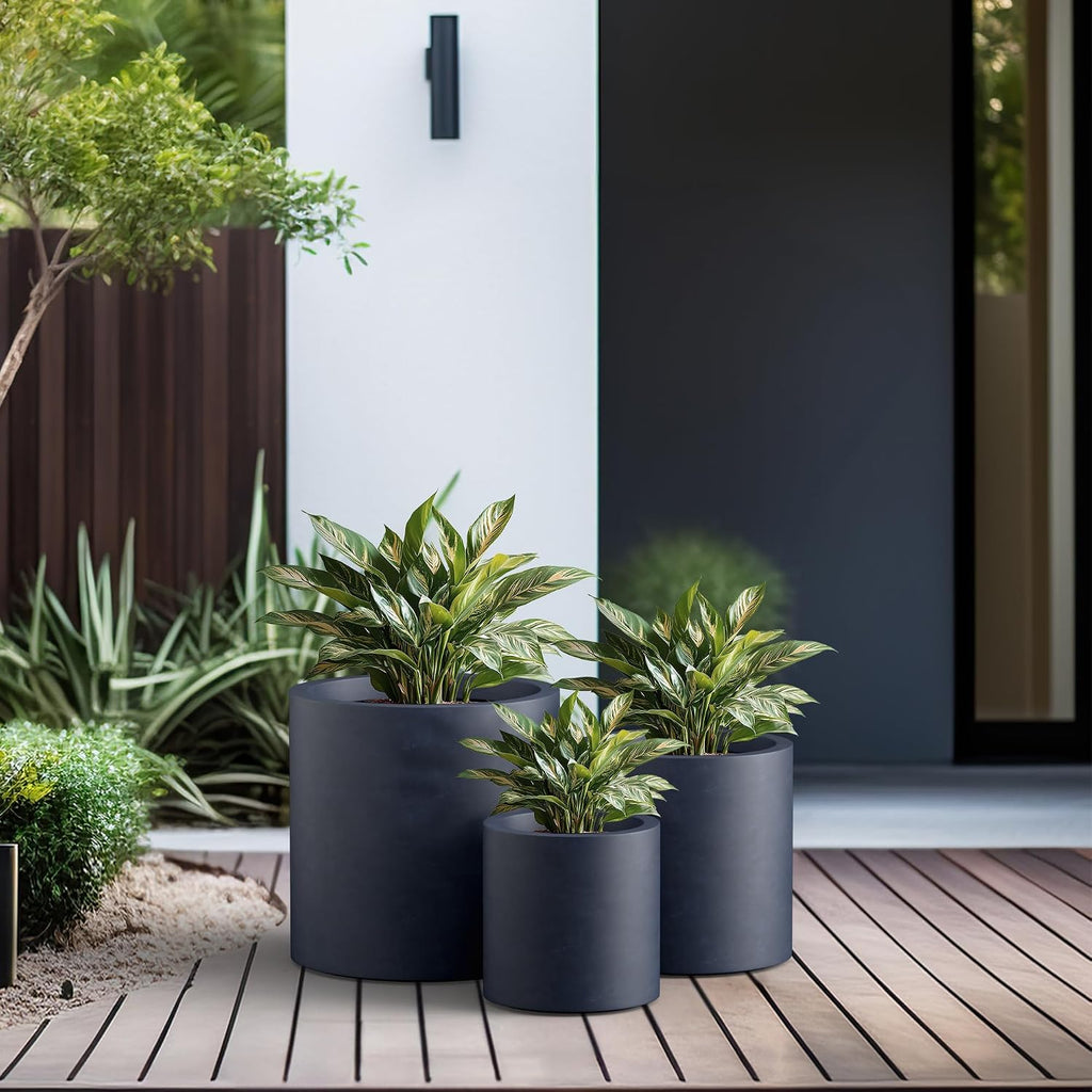 Set of 3 Charcoal Concrete Cylinder Planters 15.8" 12.9" 15.8" Dia | Drainage for Outdoor, Rubber Plug for Indoor