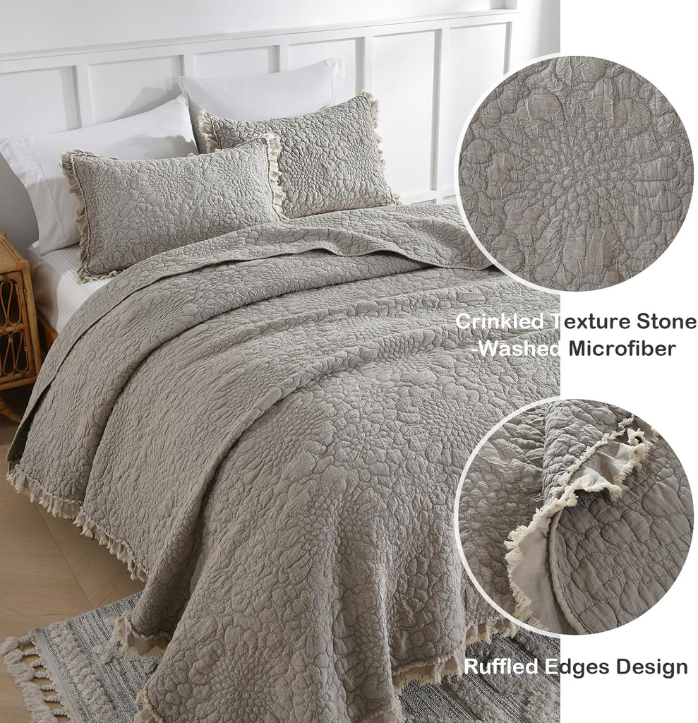 Beige Ruffled Quilt Queen, Stone-Washed Microfiber Lightweight Crinkled Farmhouse Rustic Shabby Chic Bedding Set, 3