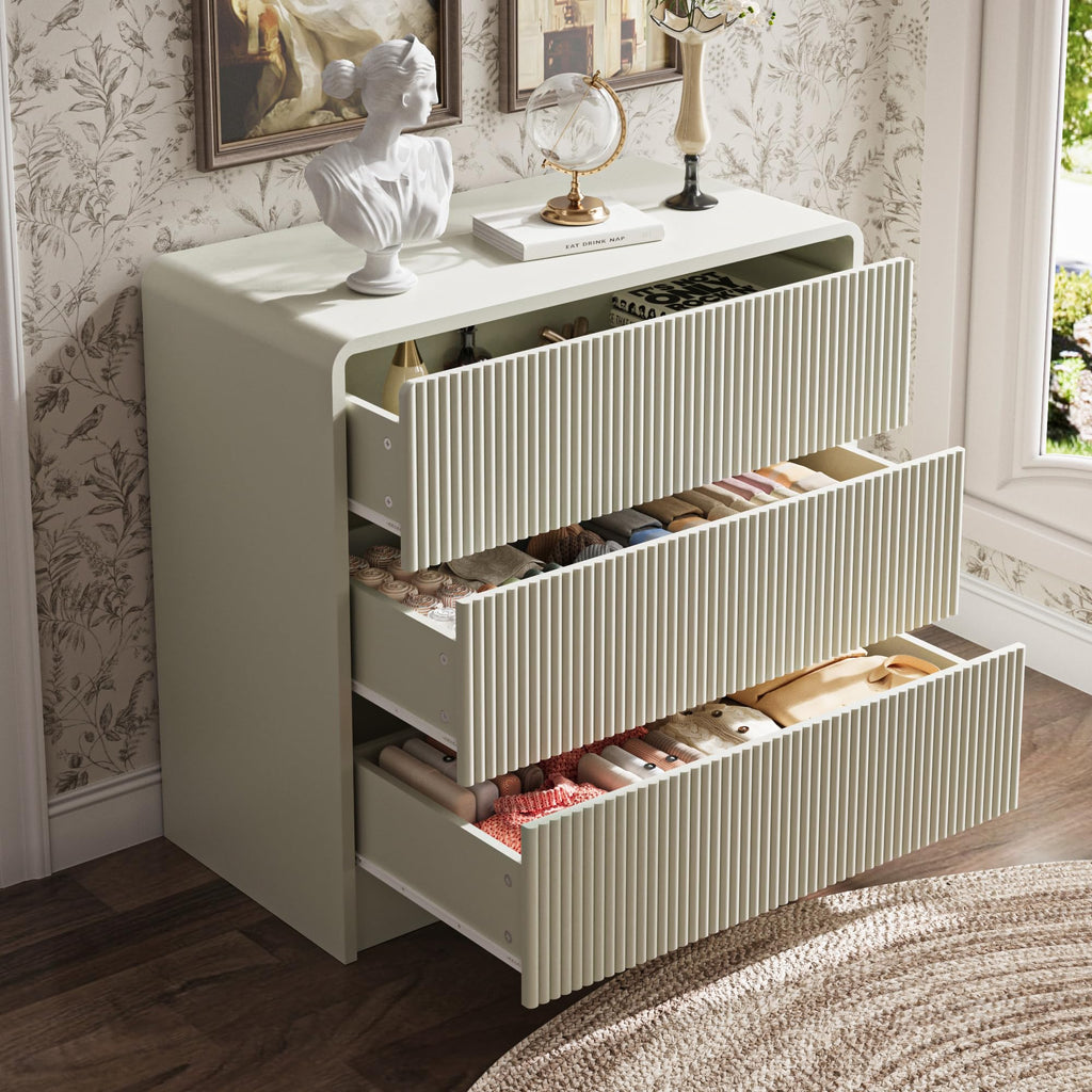31.5" Wide Modern Curved 3 Drawer Dresser, Beige