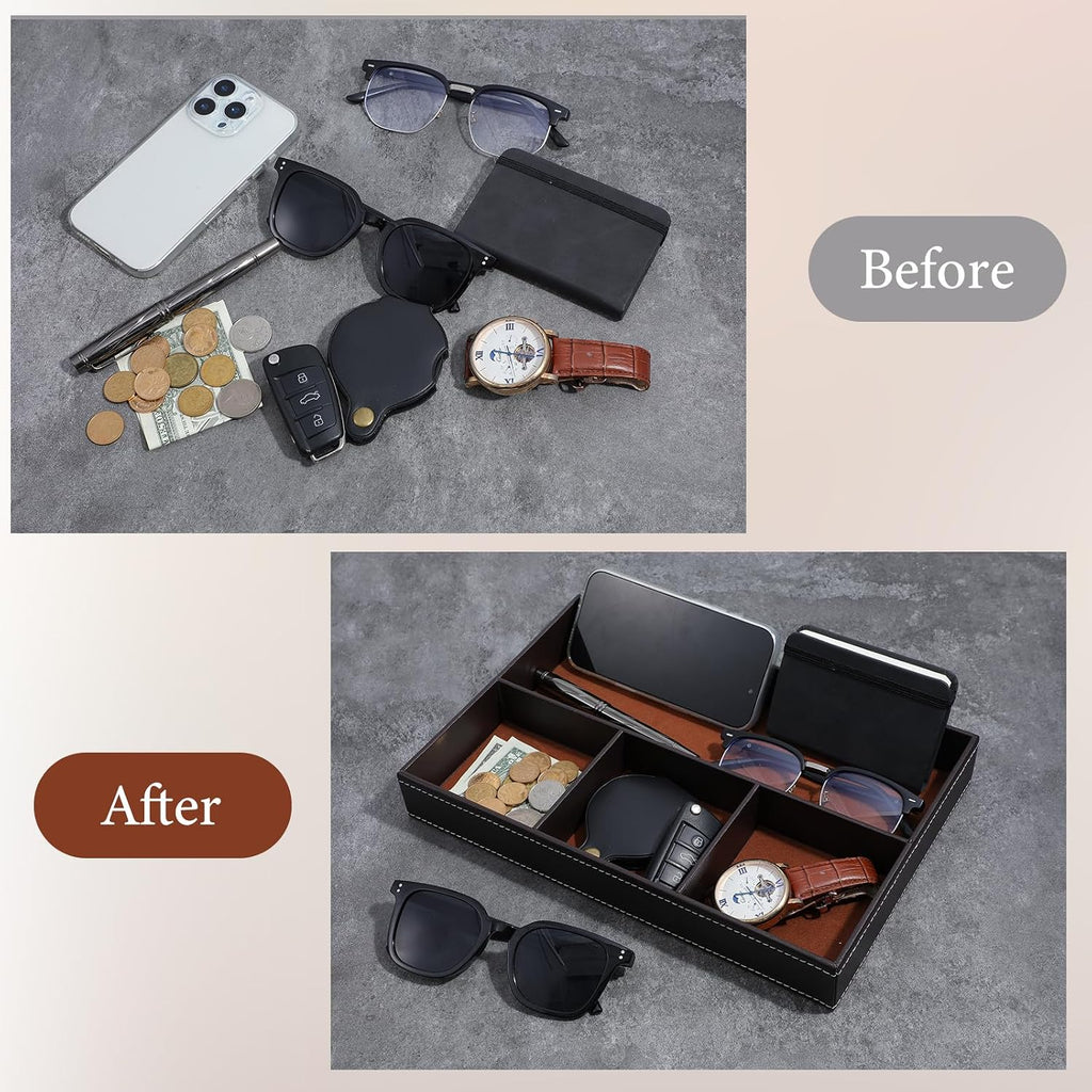 Valet Tray for Men, Mens Valet Tray Stackable Leather Organizer, Brown Drawer Trays for Watch, Wallet - Set of 2