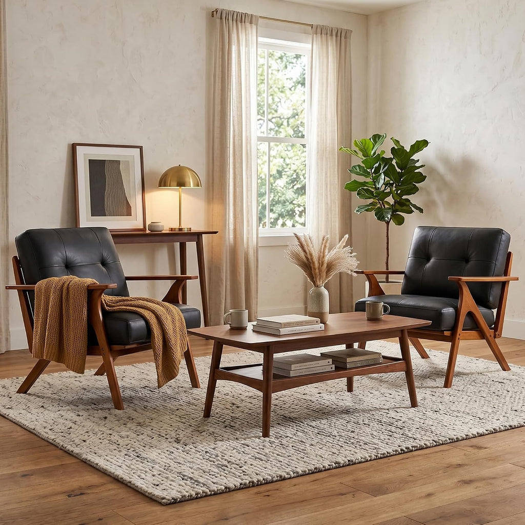 Black Leather Mid Century Curved Arm Chairs with Solid Wood Frame - Set of 2