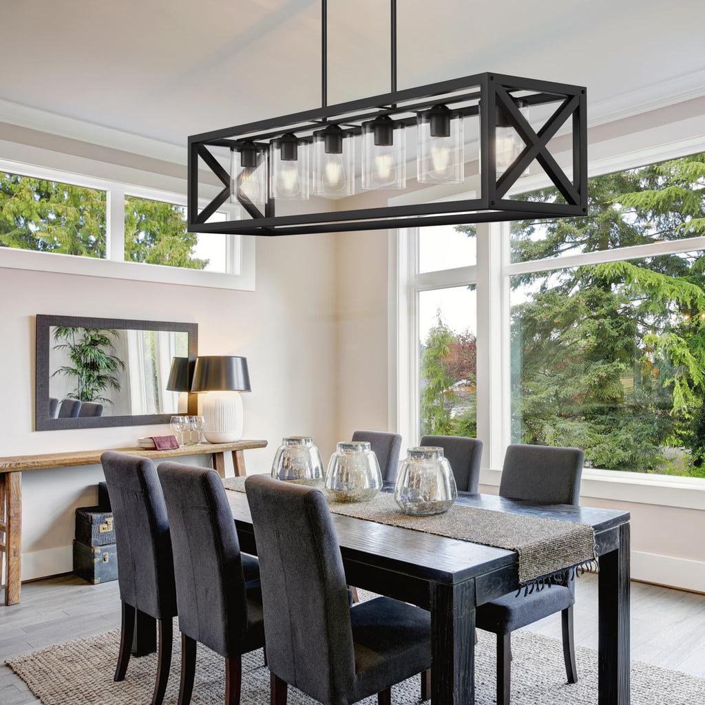 Farmhouse Dining Room Light Fixture - 6 Light Kitchen Island Lighting with Adjustable Height & Thickened Metal Dining