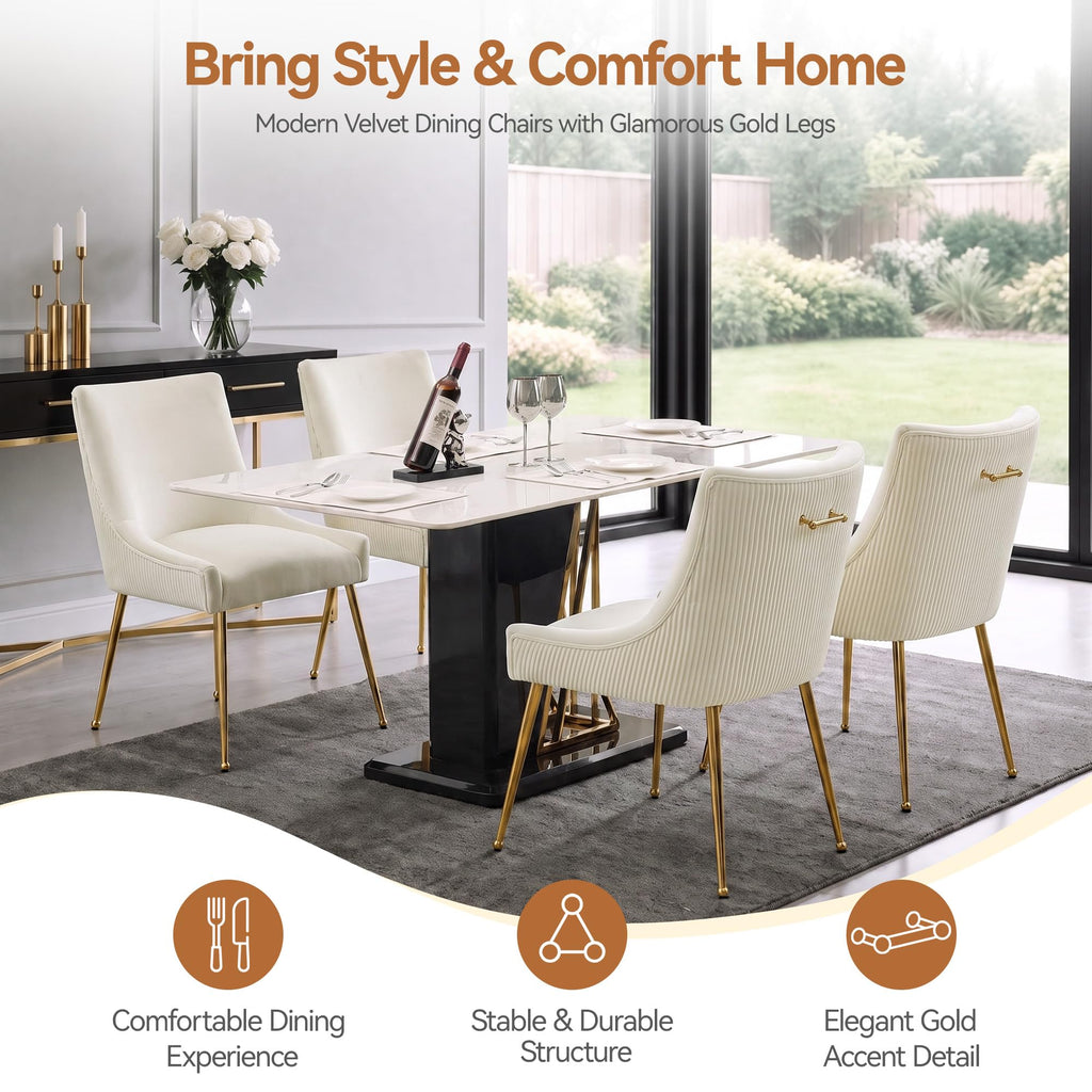 Velvet Dining Chairs Set of 4 Gold Legs, Upholstered Velvet Accent Chairs, Pleated Back Design & Gold Pull Handle, Mid