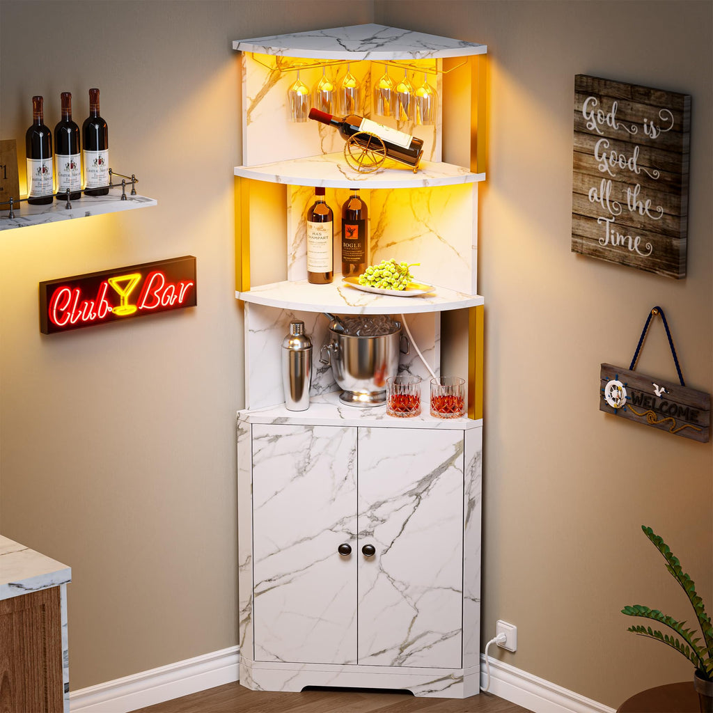 71'' Corner Bar Cabinet with LED Lights, 5-Tier Wine Rack with Power Outlets, Glass Holder and Door, Liquor Cabinet
