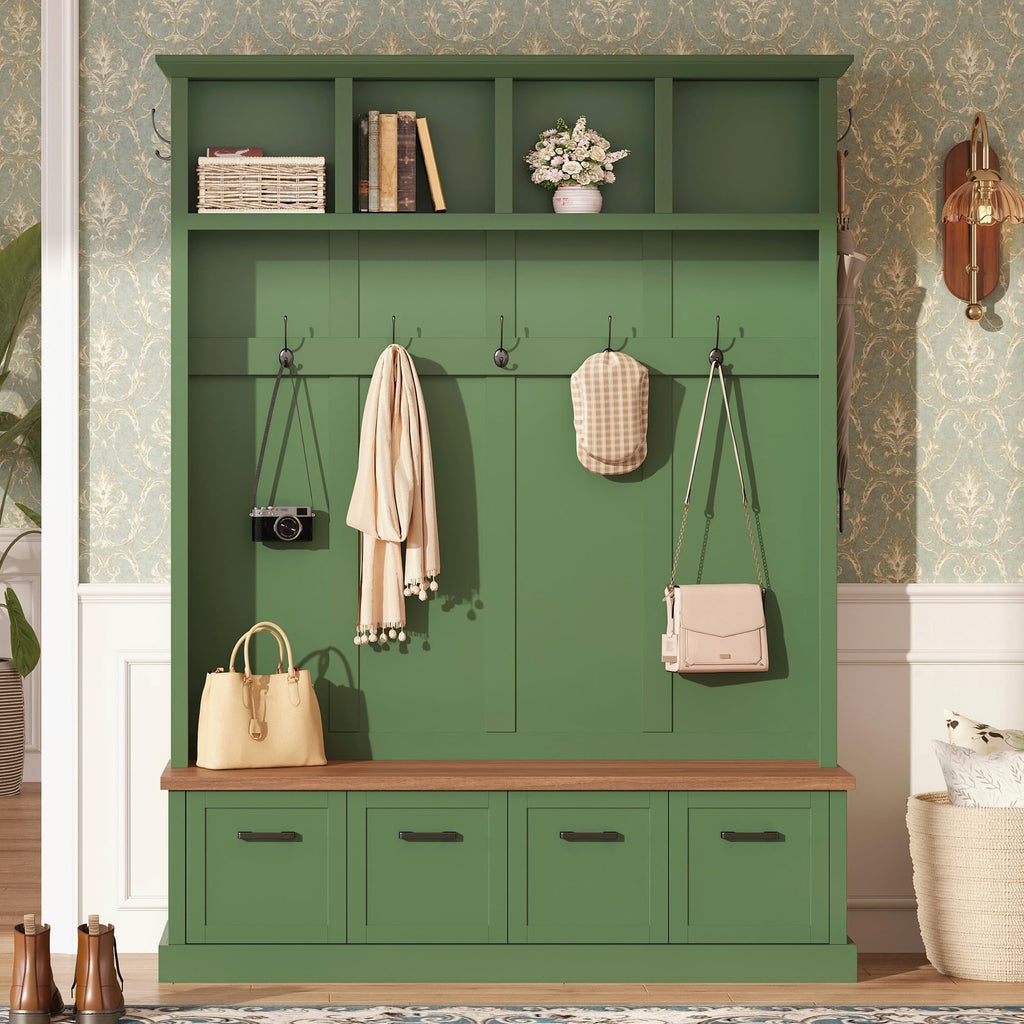 55" Farmhouse Hall Tree with Black Hooks & Walnut Bench, Green