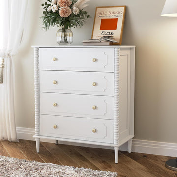 White Dresser with 4 Drawer, 37" Tall Chest of Drawers with Turned Legs and Ceramic Knobs,Vertical Dresser, Wood