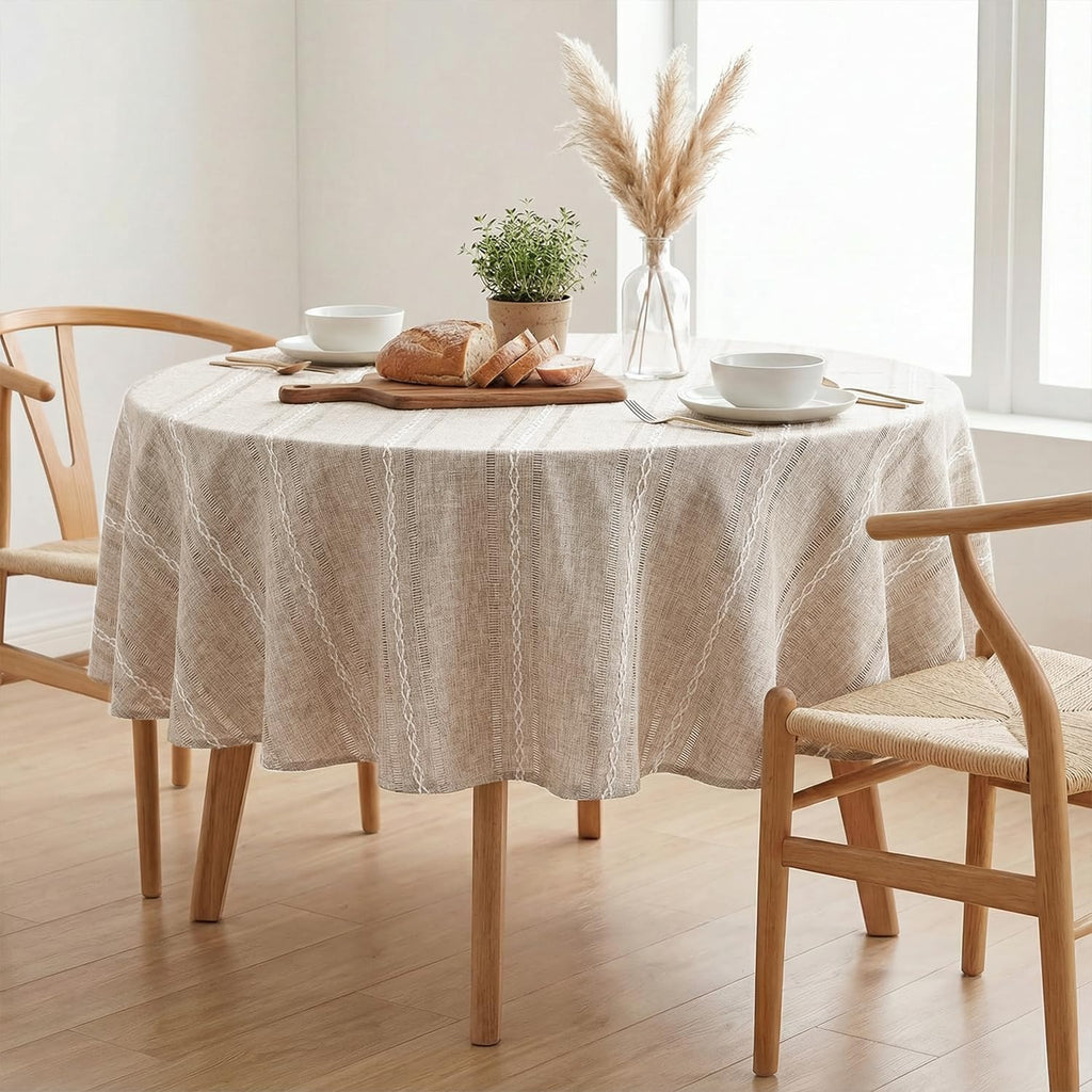Light Coffee Round Tablecloth, 60×60 Inch, Farmhouse Style