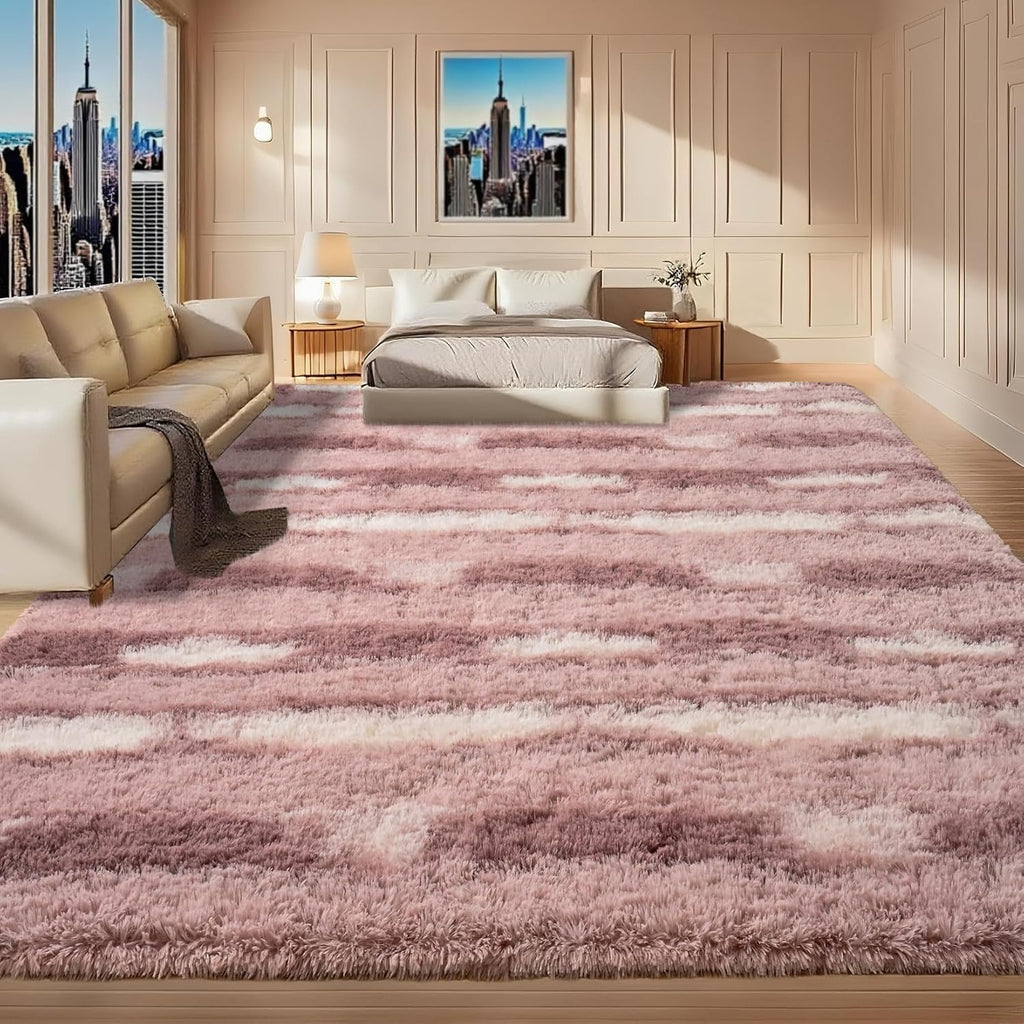 Pink and White Rugs Girls, Fluffy Soft Plush Area Rugs with Non-Slip Backing, Modern Striped Shag Fuzzy Carpets