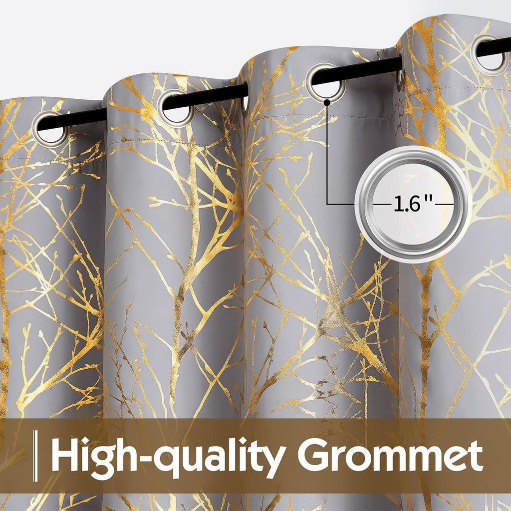 100% Blackout Curtains, Curtains 84 Inches Long Gold on Grey Tree Curtains, Gold Foil Room Darkening Thermal