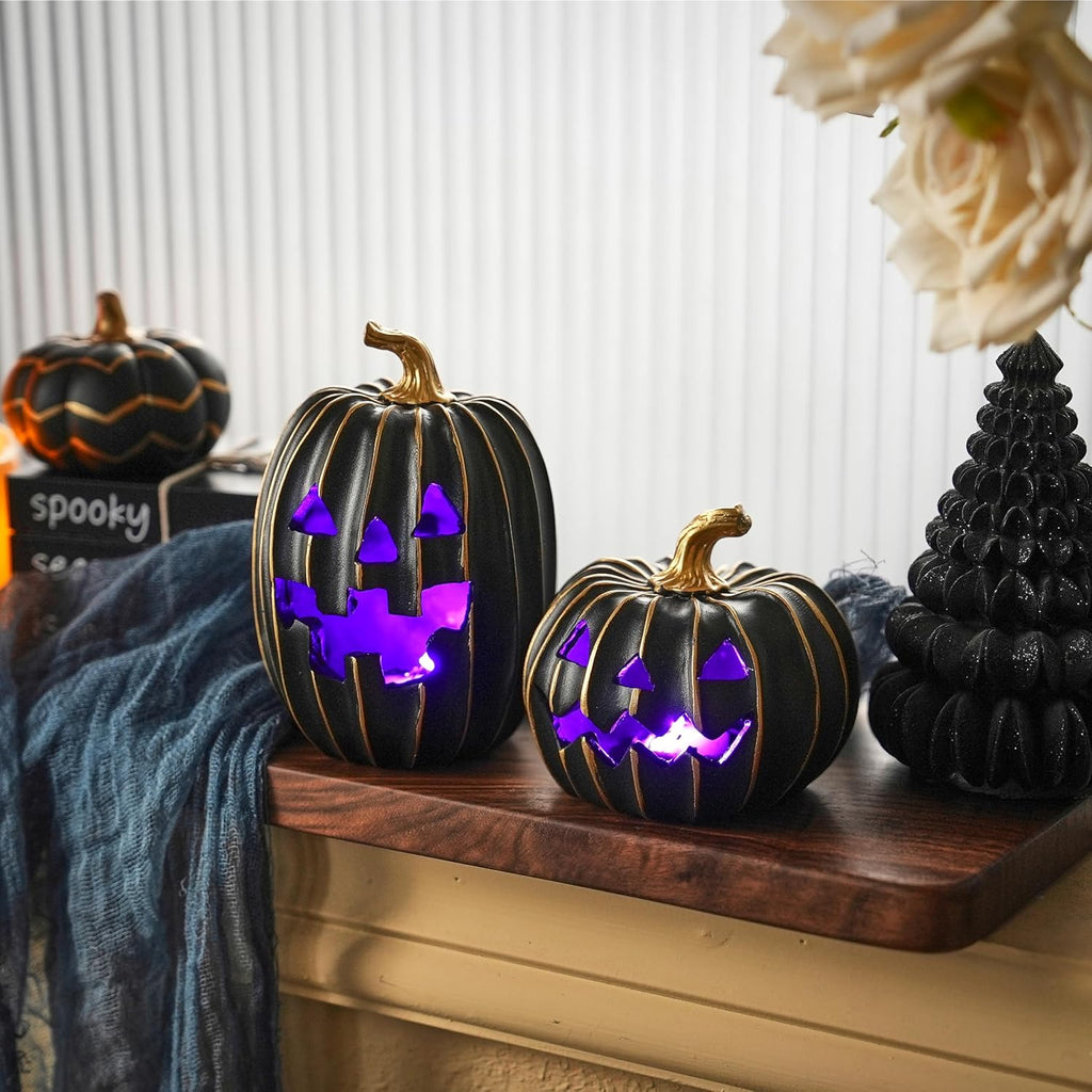 Light Up Black Jack O Lantern Pumpkins Halloween Decor - Set of 2