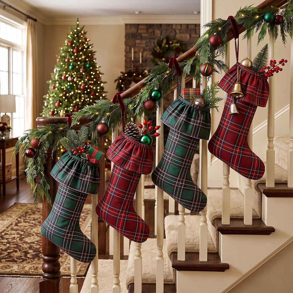 Large Christmas Red Green Tartan Plaid Stockings Decor Gift - Set of 4