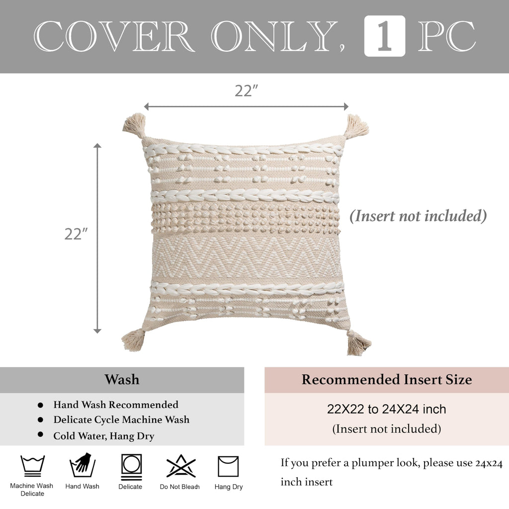Boho Throw Pillow Cover 22X22, Large Decorative Accent Pillow for Couch, Square Woven Textured Pillowcase, Modern
