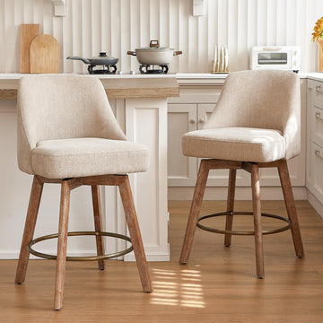 Counter Height Bar Stools,Sand-Colored Linen Comfort Fabric Bar Stool Set of 2,360° Swivel Counter Height Stools