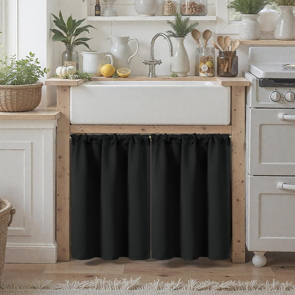 Short Blackout Curtains, Black Darkening Drape 2 Panels - Set of 2