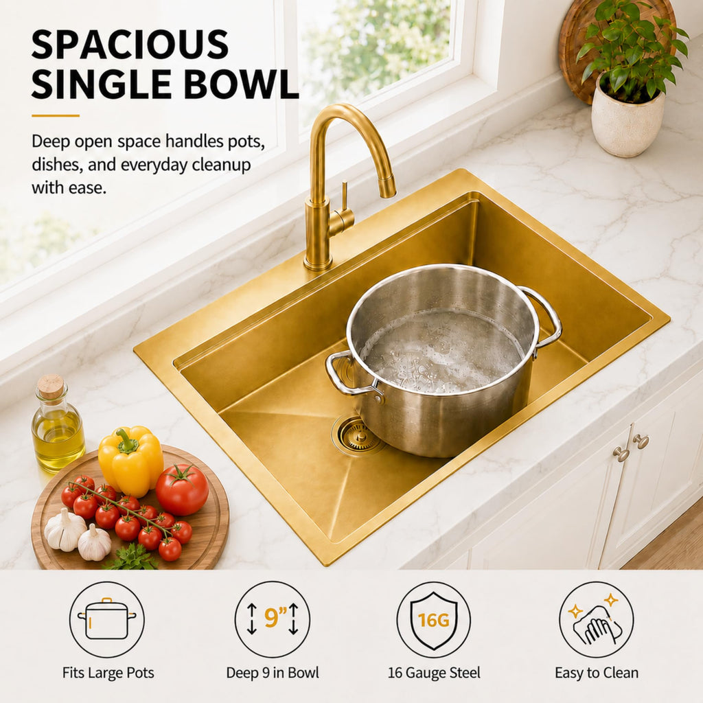 33" X 22" Drop In Gold Kitchen Sink, Single Bowl Top Mount Kitchen Sink, 16 Gauge Stainless Steel Workstation Sinks