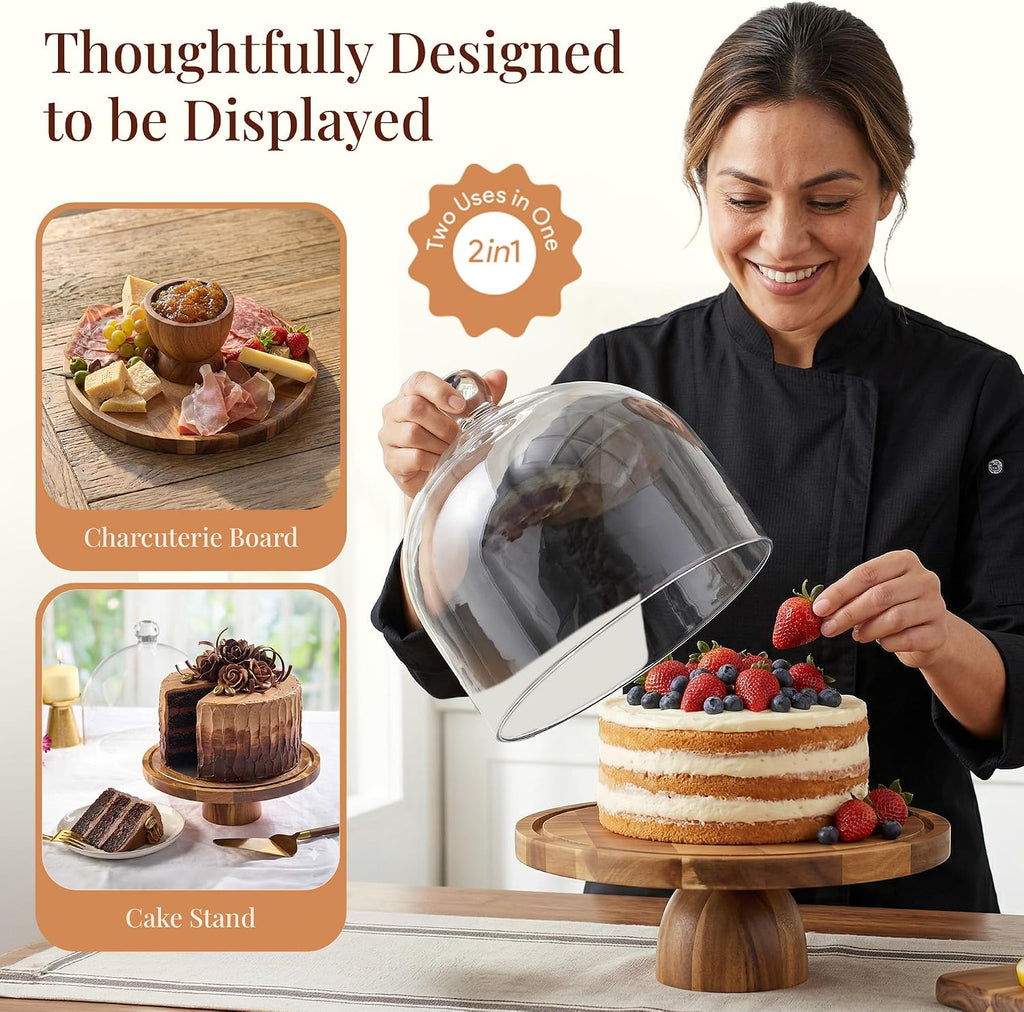 High Dome Acacia Wood Cake Stand with Lid - 12 in Round Cake Holder with Tall Acrylic Cloche Cover, 2in1 Dessert