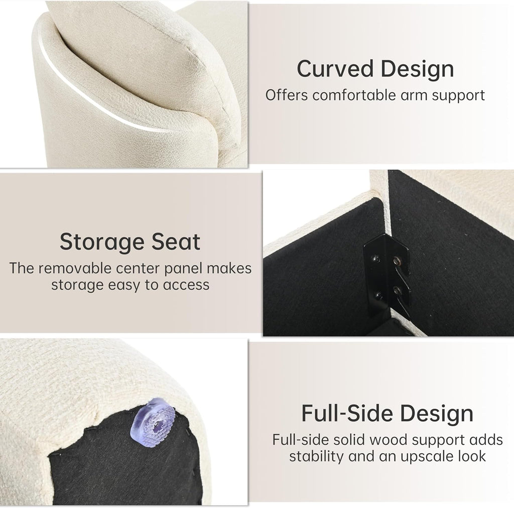 58.3" Upholstered Storage Ottoman Bench with 2 Throw Pillows, Beige | End of Bed Bench with Curved Arms and Thickened