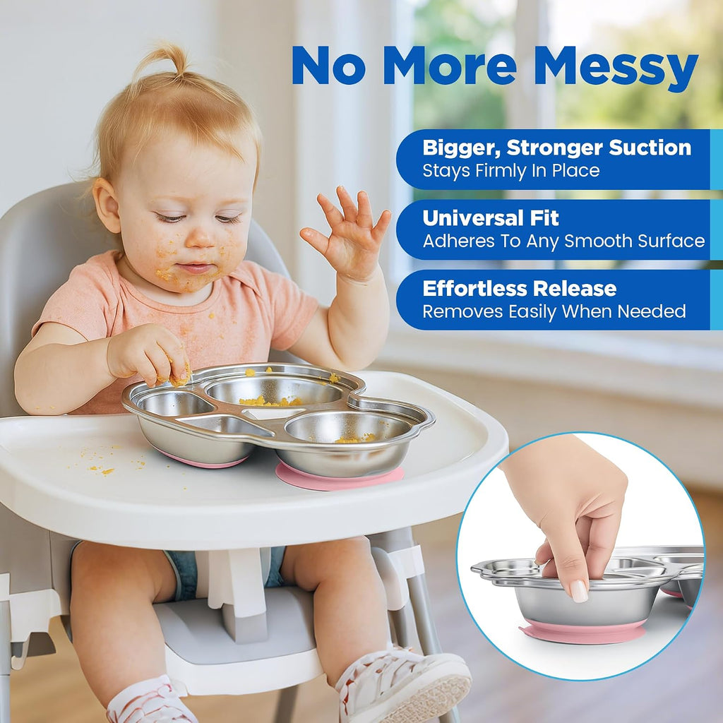 Stainles Steel Baby Suction Plate, Car Divided Toddler Plate Pink